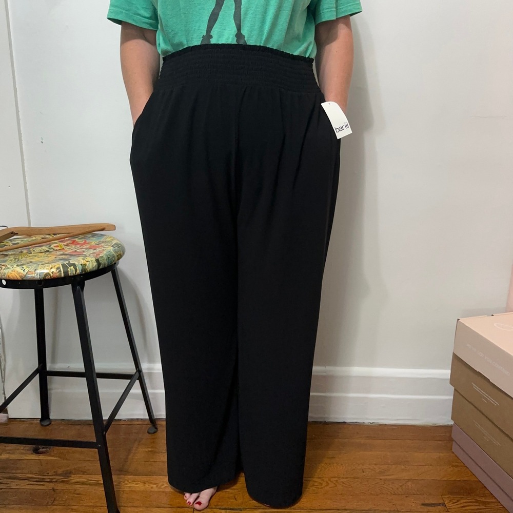 Bar III Wide Leg Pants Womens 1X Black New Smocked Waist Crepe Trousers